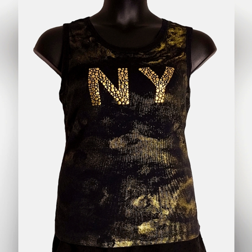 CAREN SPORT | Vintage Black,Gold Ribbed Cotton New York Tank | 2X